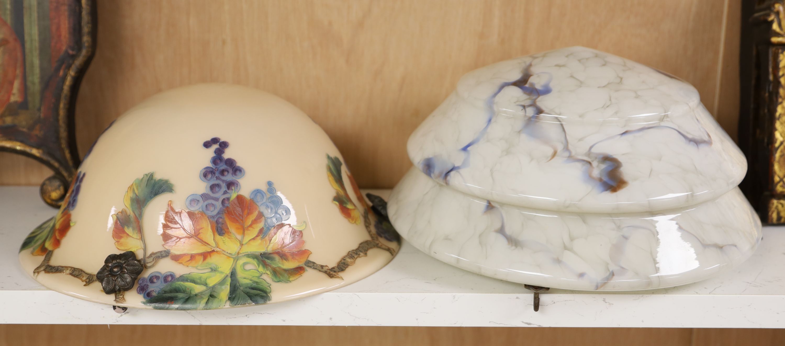 A glass floral painted French plaffonier and a marbled glass plaffonier